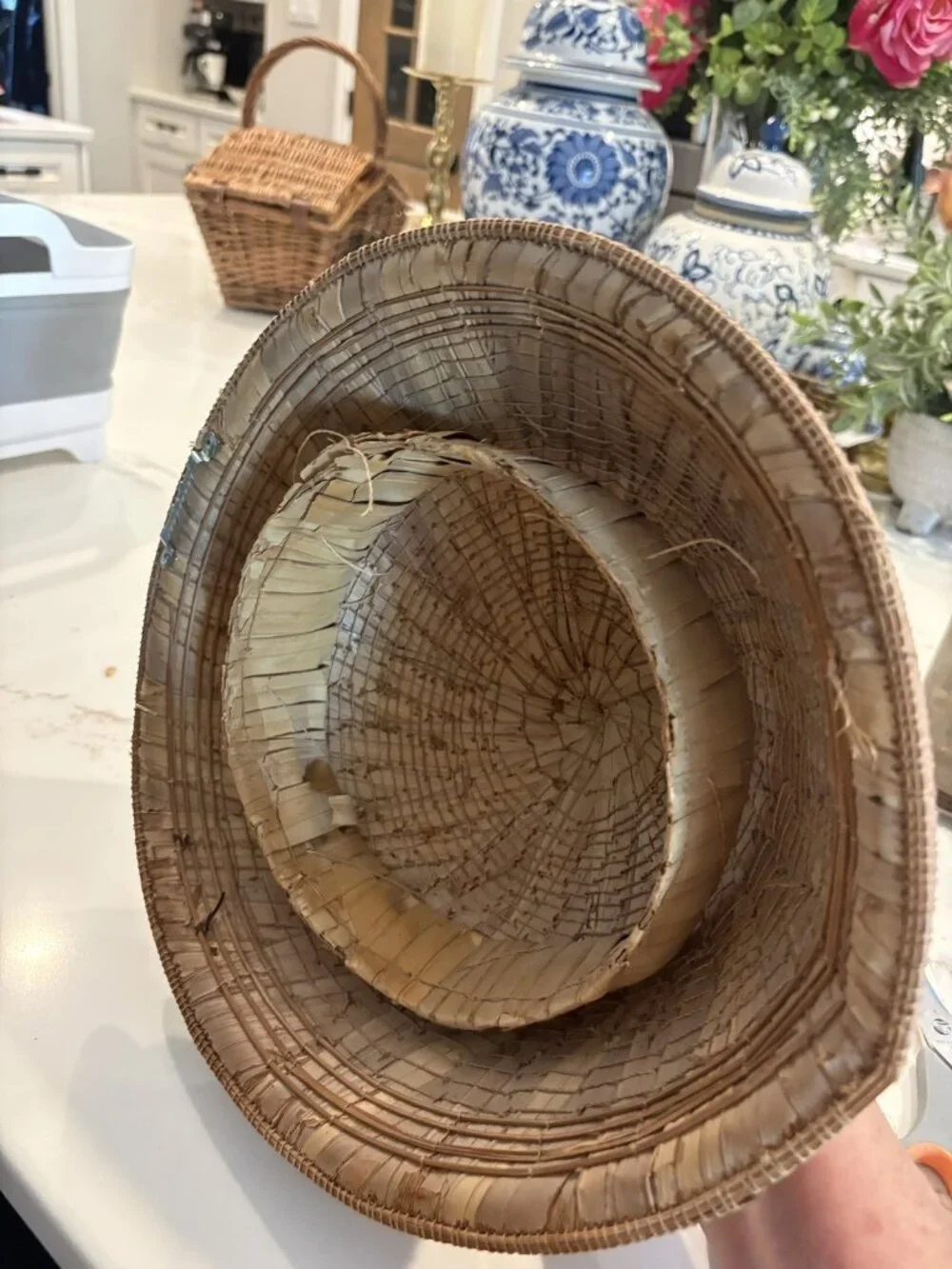 Vintage Handwoven Bamboo Conical Hat Boho Wall Decor Folk Art Woven Basket